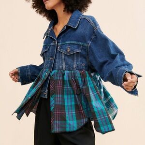Free People x Tricia Fix Blue Plaid Jean Jacket